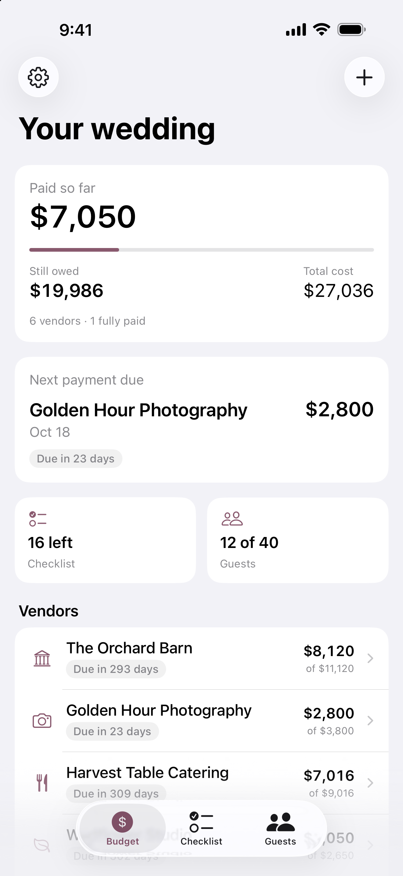 Budget screen showing paid amounts, money still owed, vendors, and the next payment due.