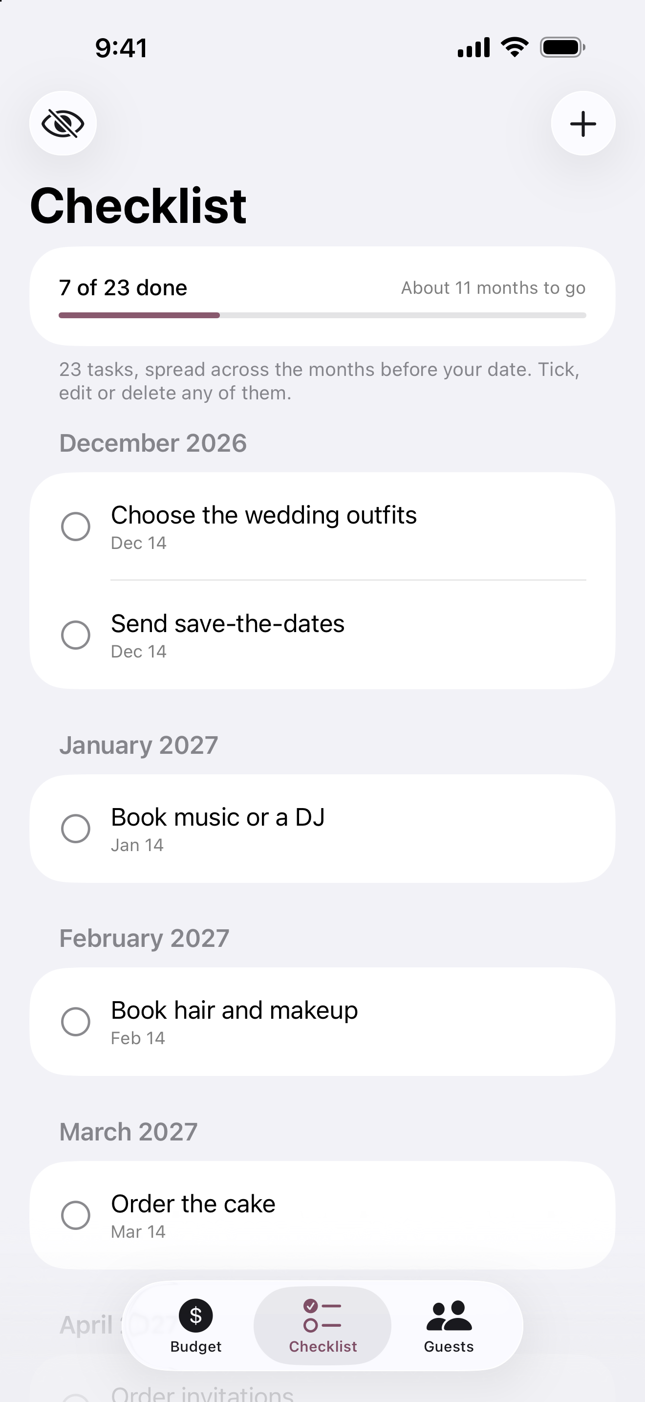 Wedding Planner Lite Checklist screen showing a starting plan grouped by month and progress toward the wedding date.
